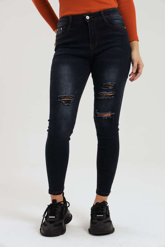 Ladies Dark Blue High Rise Ripped Stretch Skinny Jeans
