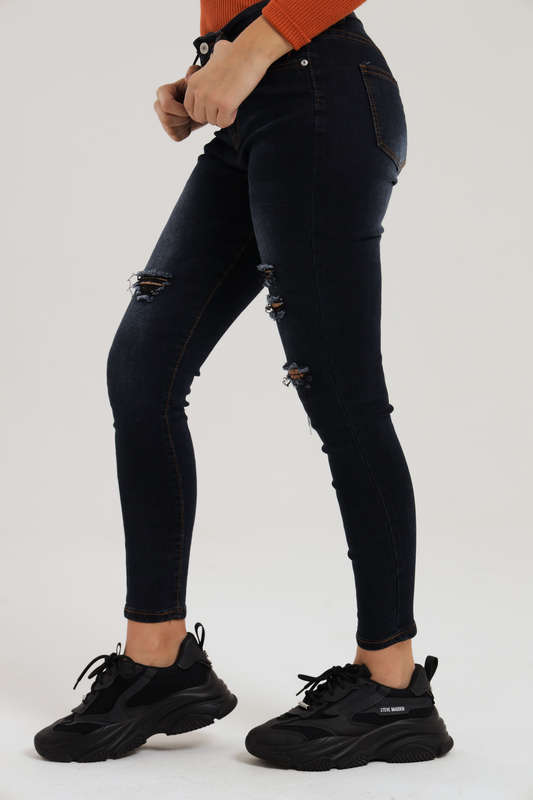 Ladies Dark Blue High Rise Ripped Stretch Skinny Jeans