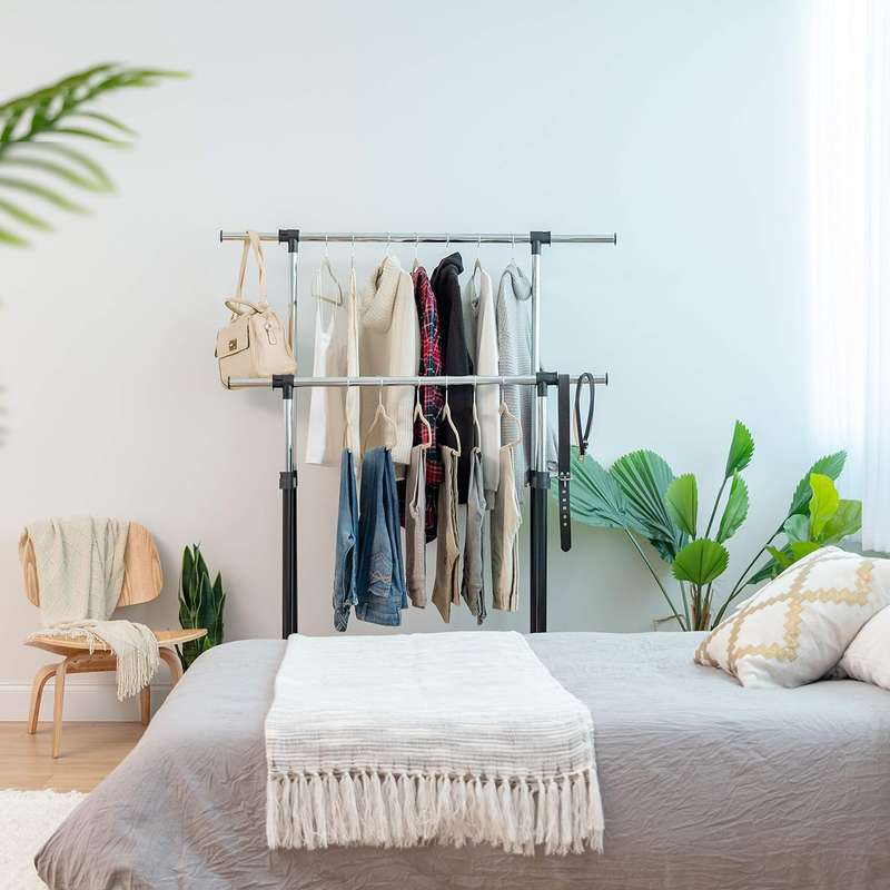Portable Double-Rod Height Adjustable Clothes Rack with Extendable Bar
