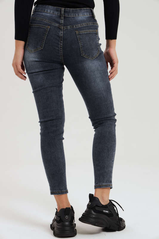 Ladies Dark Blue Ripped Stretch Skinny Jeans