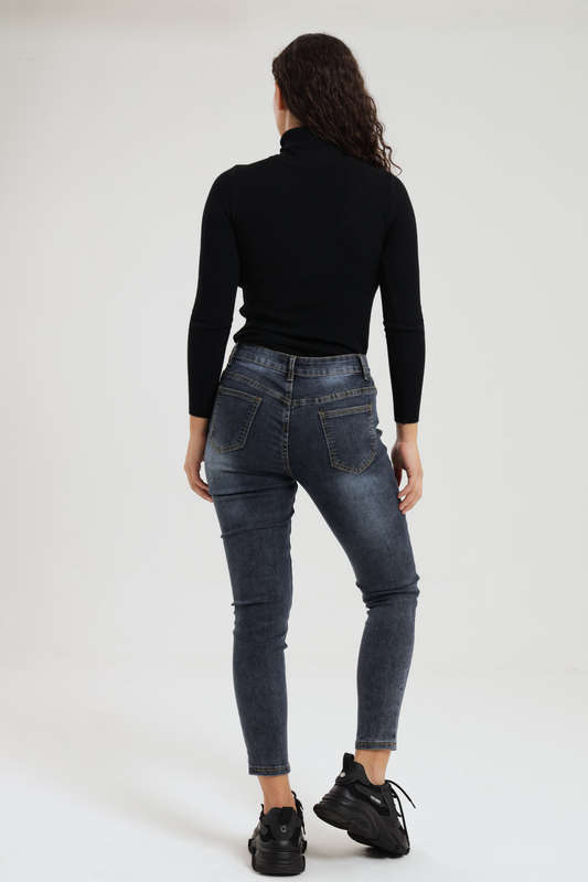 Ladies Dark Blue Ripped Stretch Skinny Jeans