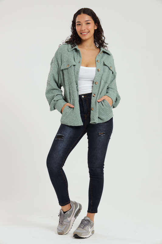 Branded Cable Knit Button Down Oversized Shacket