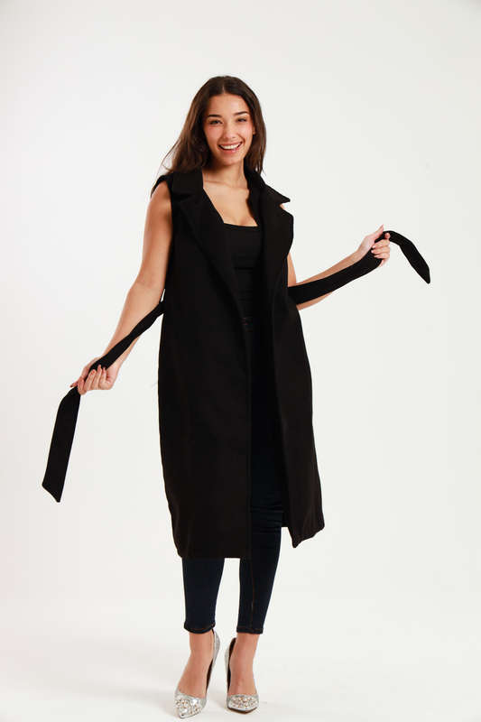 Branded Utility Sleeveless Trench Coat Black