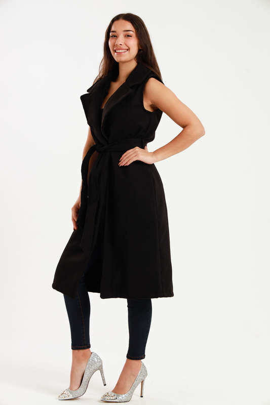 Branded Utility Sleeveless Trench Coat Black