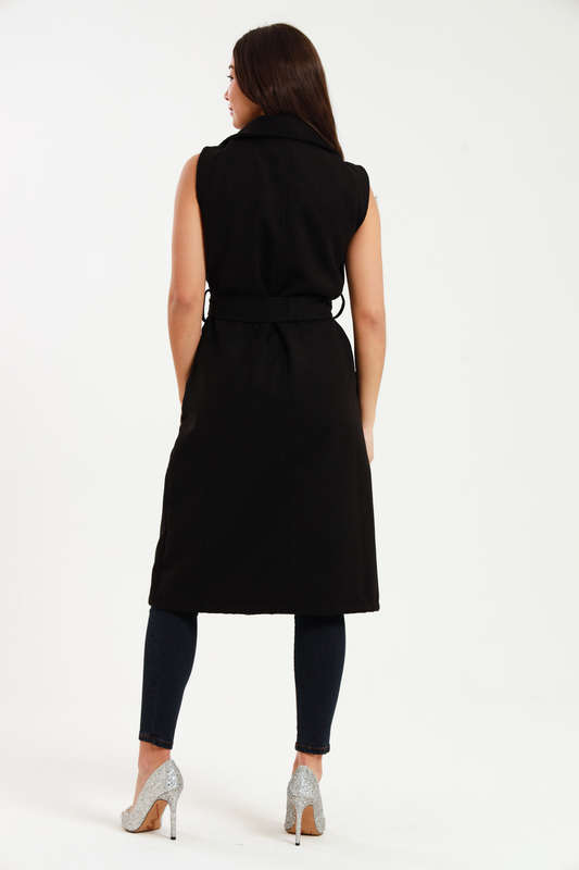 Branded Utility Sleeveless Trench Coat Black