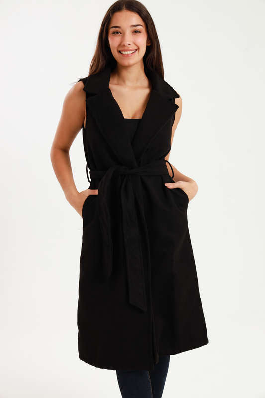 Branded Utility Sleeveless Trench Coat Black