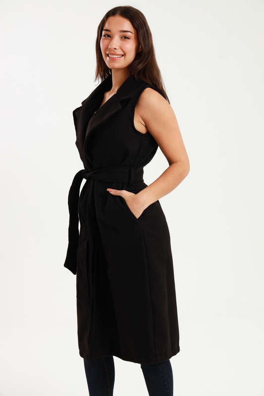 Branded Utility Sleeveless Trench Coat Black