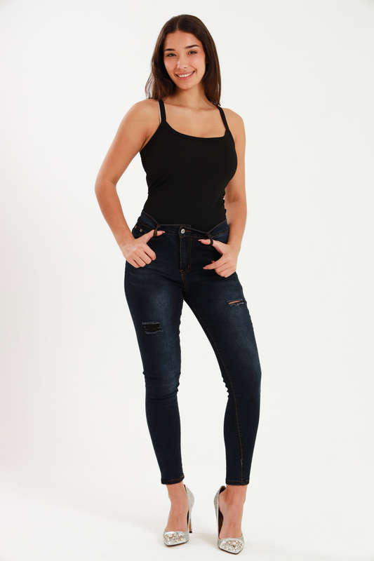 Ladies Dark Blue High Rise Ripped Stretch Skinny Jeans