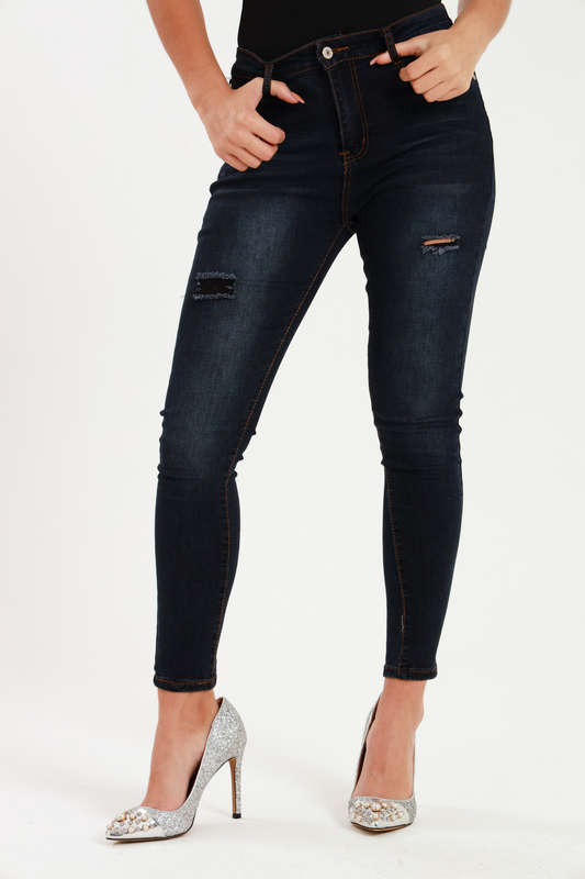 Ladies Dark Blue High Rise Ripped Stretch Skinny Jeans