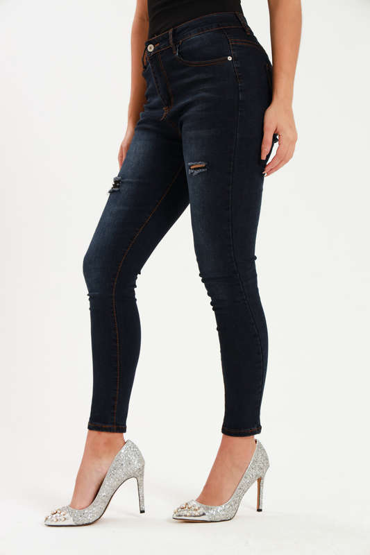 Ladies Dark Blue High Rise Ripped Stretch Skinny Jeans