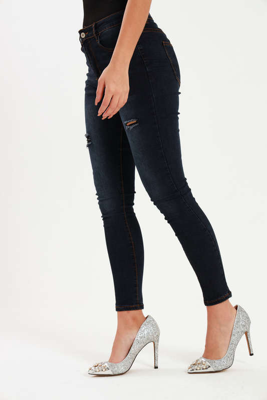 Ladies Dark Blue High Rise Ripped Stretch Skinny Jeans