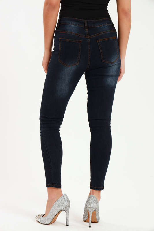 Ladies Dark Blue High Rise Ripped Stretch Skinny Jeans
