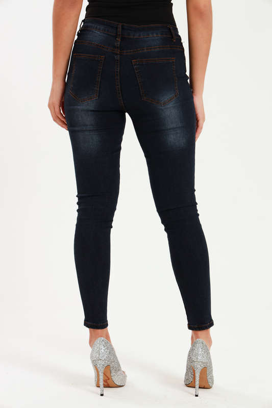 Ladies Dark Blue High Rise Ripped Stretch Skinny Jeans