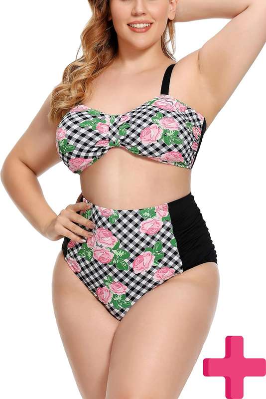 Ladies Plus Size High Waisted 2 Pcs Bikini Tummy Control Swimwear