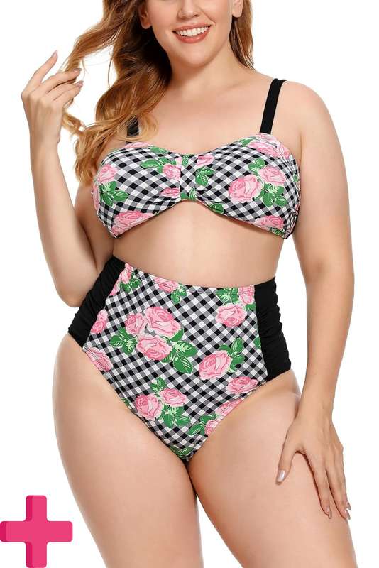 Ladies Plus Size High Waisted 2 Pcs Bikini Tummy Control Swimwear