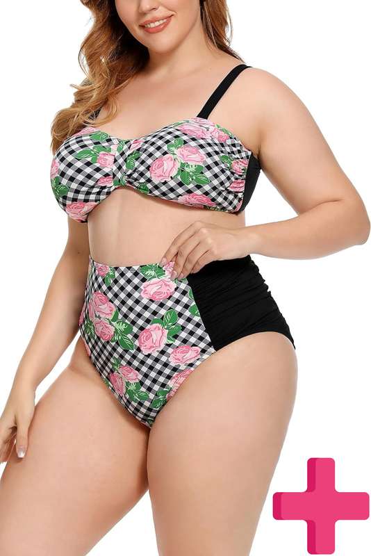 Ladies Plus Size High Waisted 2 Pcs Bikini Tummy Control Swimwear