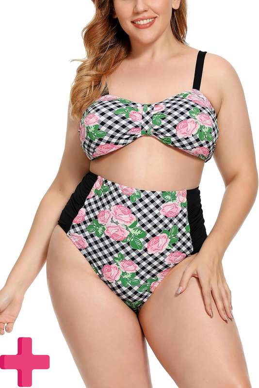 Ladies Plus Size High Waisted 2 Pcs Bikini Tummy Control Swimwear