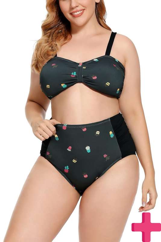 Ladies Plus Size High Waisted 2 Pcs Bikini Tummy Control Swimwear