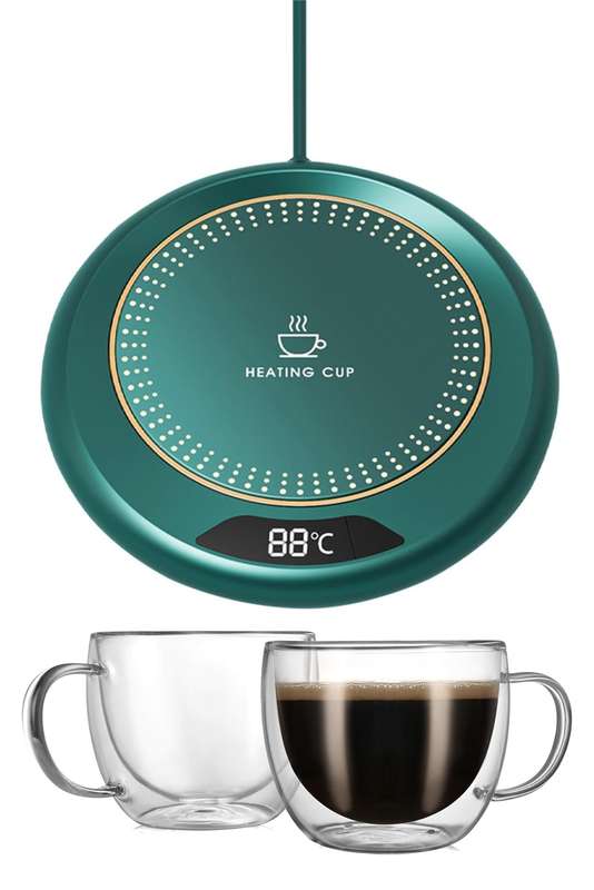 Senza Mug Warmer Coaster For Desk With 2 x Double Walled 150ml Espresso Coffee Cups