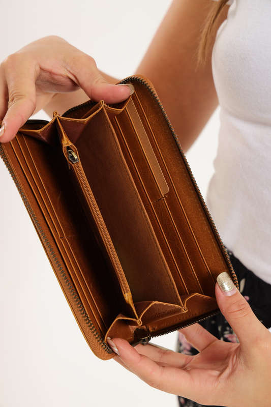 Camel Mountain Genuine Leather Zipper Wallet Purse for Women