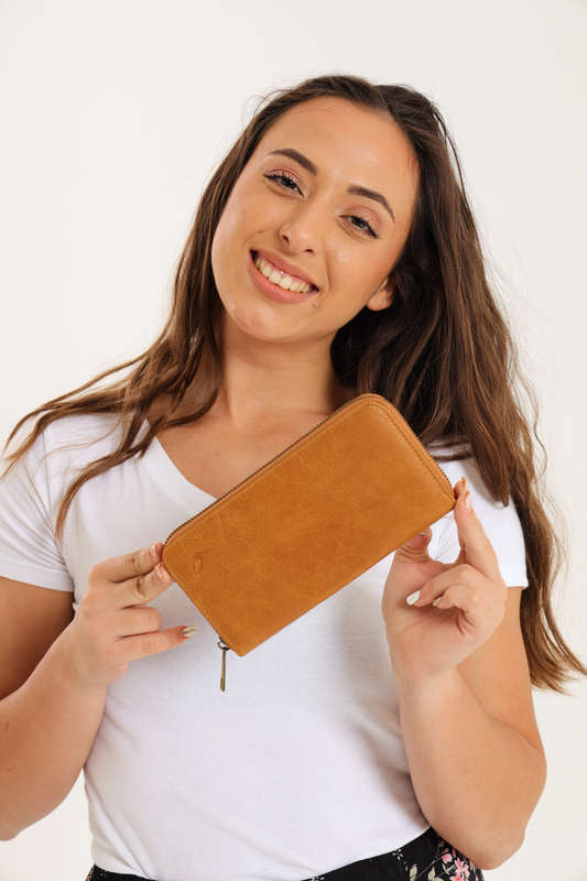 Camel Mountain Genuine Leather Zipper Wallet Purse for Women