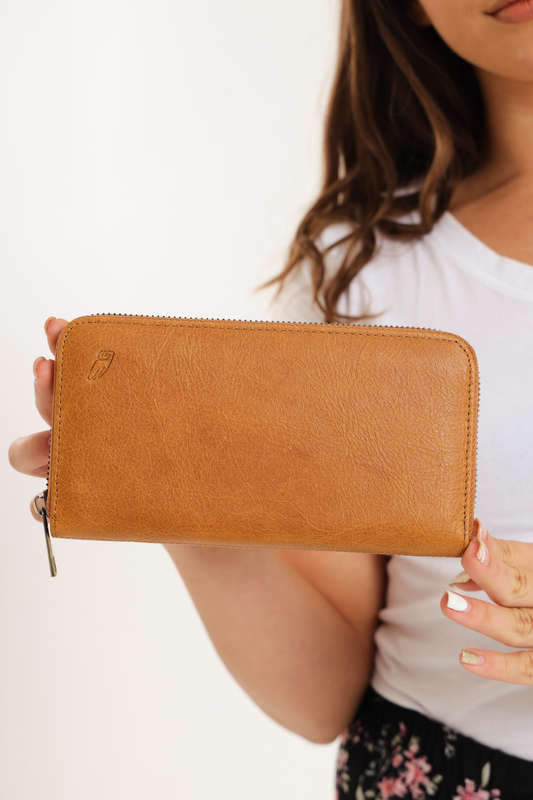 Camel Mountain Genuine Leather Zipper Wallet Purse for Women