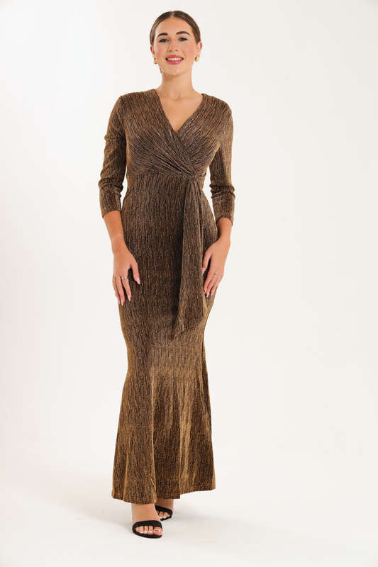Kazo Shimmer Long Sleeve Evening Formal Maxi Dress