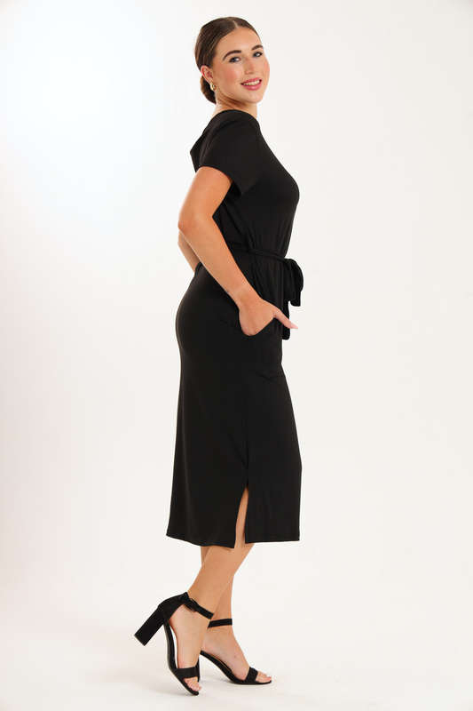 Ladies Belted T Shirt Black Dress With Pockets