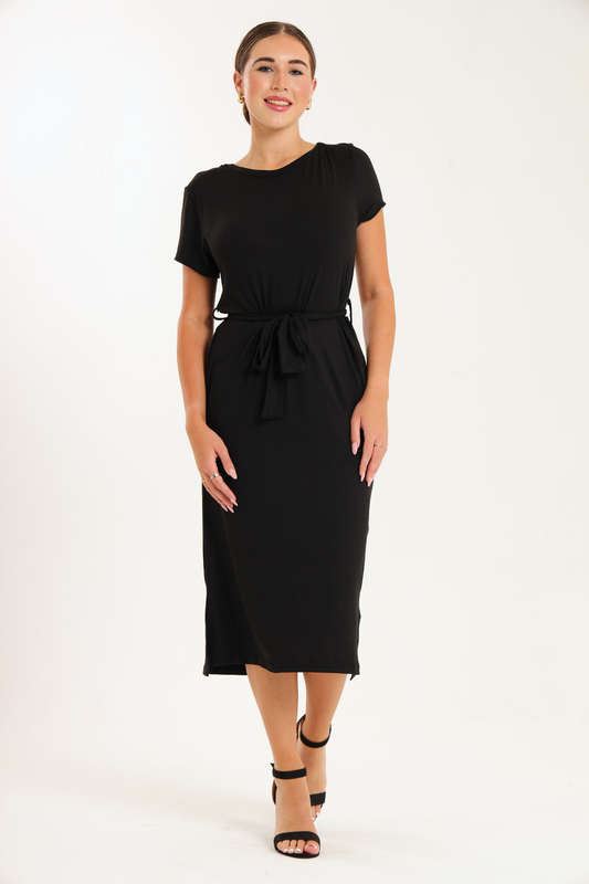 Ladies Belted T Shirt Black Dress With Pockets