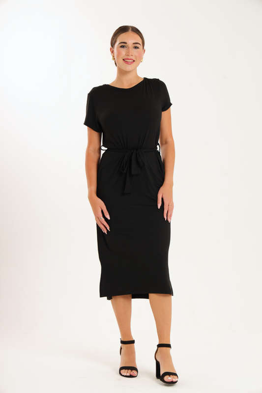 Ladies Belted T Shirt Black Dress With Pockets