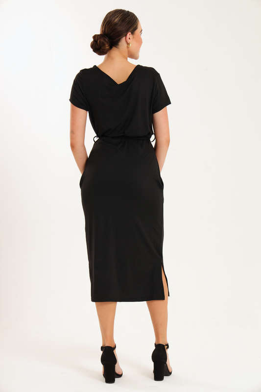 Ladies Belted T Shirt Black Dress With Pockets