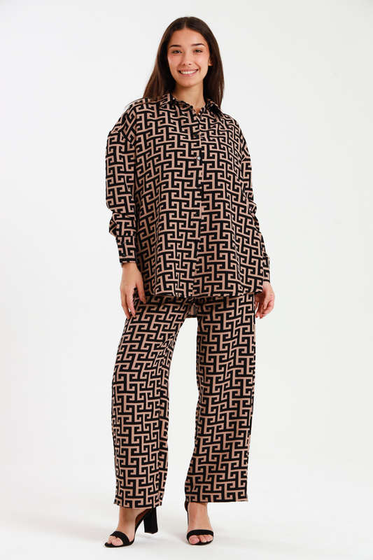 Ladies Oversized Long Sleeve Shirt Collar Top &amp; Wide Leg Pants Co-Ords Set