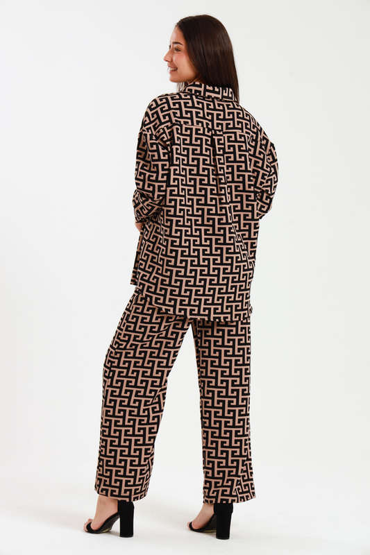 Ladies Oversized Long Sleeve Shirt Collar Top &amp; Wide Leg Pants Co-Ords Set