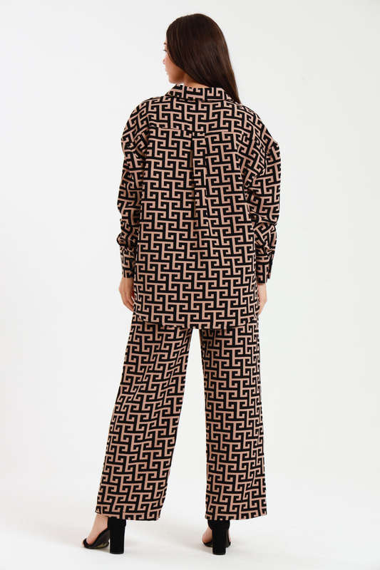Ladies Oversized Long Sleeve Shirt Collar Top &amp; Wide Leg Pants Co-Ords Set
