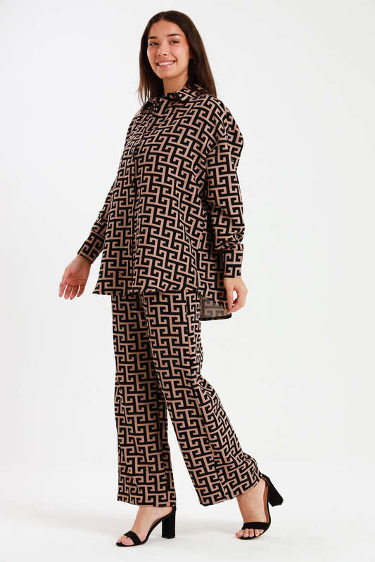 Ladies Oversized Long Sleeve Shirt Collar Top &amp; Wide Leg Pants Co-Ords Set