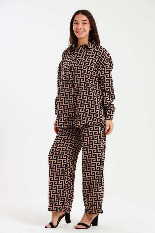 Ladies Oversized Long Sleeve Shirt Collar Top &amp; Wide Leg Pants Co-Ords Set