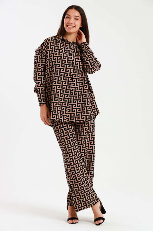 Ladies Oversized Long Sleeve Shirt Collar Top &amp; Wide Leg Pants Co-Ords Set