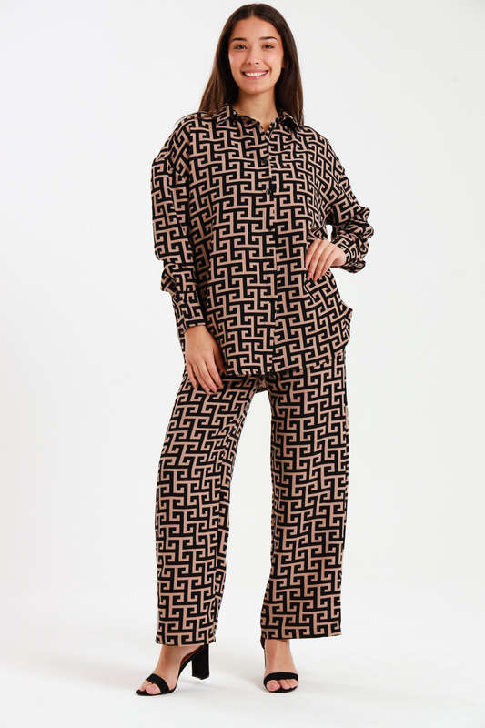 Ladies Oversized Long Sleeve Shirt Collar Top &amp; Wide Leg Pants Co-Ords Set
