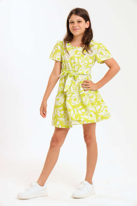 Girls Relaxed Fit Printed Tiered Belted Dress 7 to 14 Years