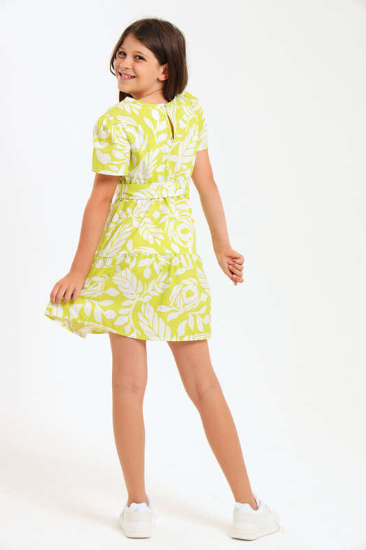 Girls Relaxed Fit Printed Tiered Belted Dress 7 to 14 Years