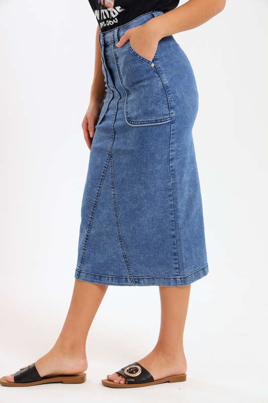 Ladies High Waisted Denim Stretchy Maxi Skirt With Pockets