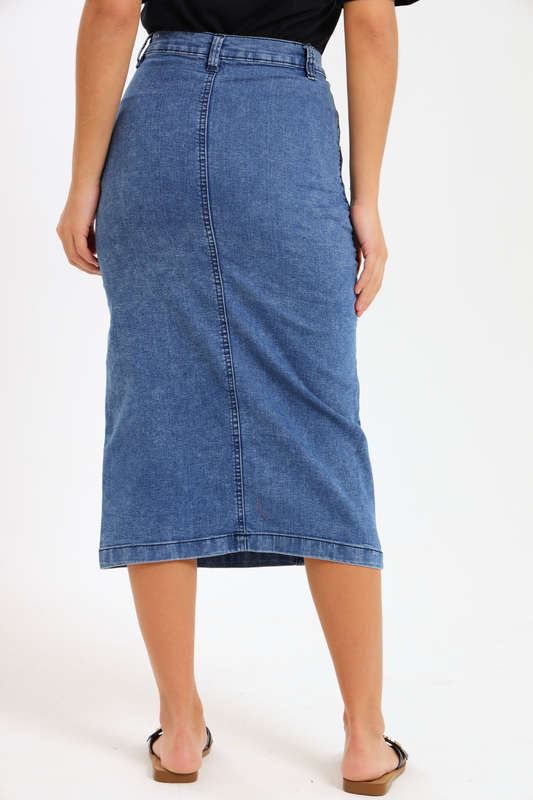 Ladies High Waisted Denim Stretchy Maxi Skirt With Pockets