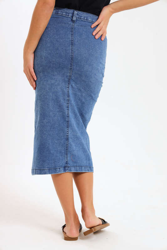 Ladies High Waisted Denim Stretchy Maxi Skirt With Pockets