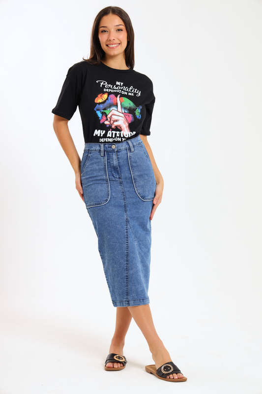 Ladies High Waisted Denim Stretchy Maxi Skirt With Pockets