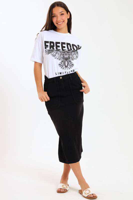 Ladies High Waisted Denim Stretchy Maxi Skirt With Pockets