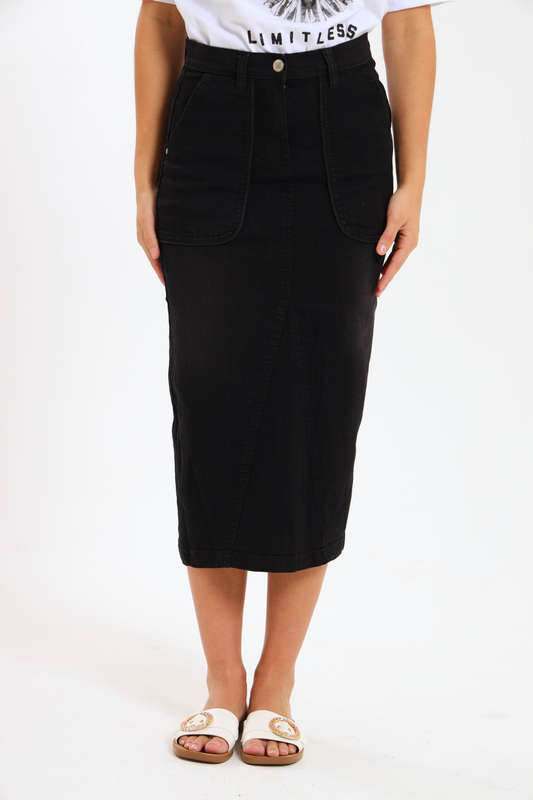 Ladies High Waisted Denim Stretchy Maxi Skirt With Pockets