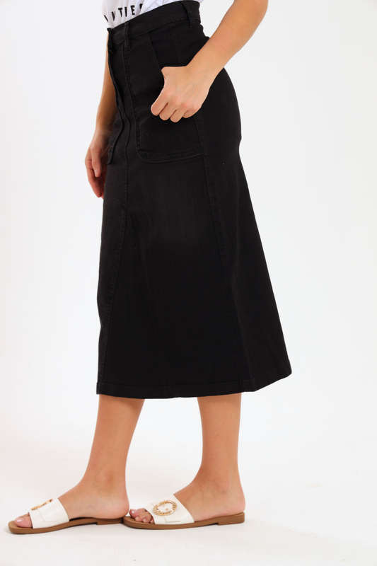 Ladies High Waisted Denim Stretchy Maxi Skirt With Pockets