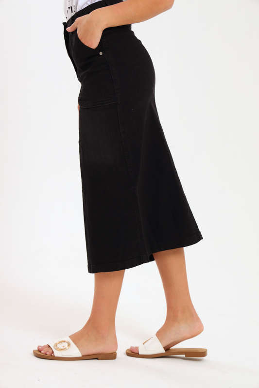 Ladies High Waisted Denim Stretchy Maxi Skirt With Pockets
