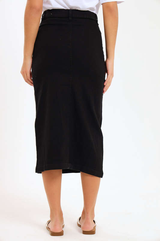 Ladies High Waisted Denim Stretchy Maxi Skirt With Pockets