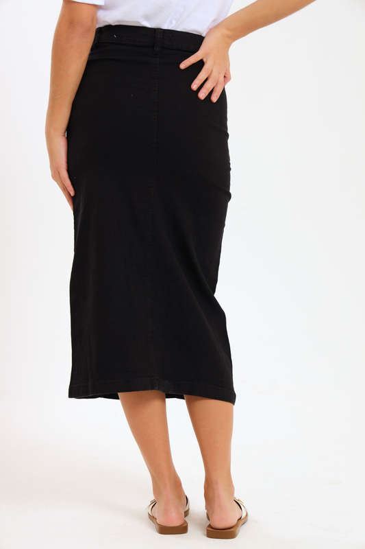 Ladies High Waisted Denim Stretchy Maxi Skirt With Pockets
